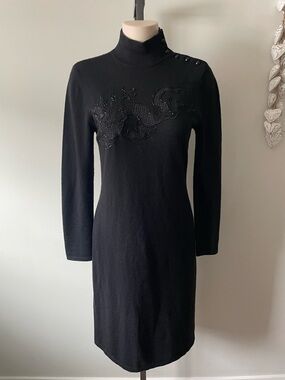 Ralph Lauren 100% Merino Wool Beaded Dragon Midi Dress Long Sleeve Mockneck Y2K
